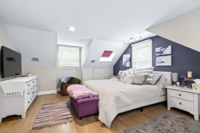 183 Iceland Dr, South Huntington, NY 11746 - bedroom with multiple windows, light wood-type flooring, lofted ceiling, a skylight, and baseboards