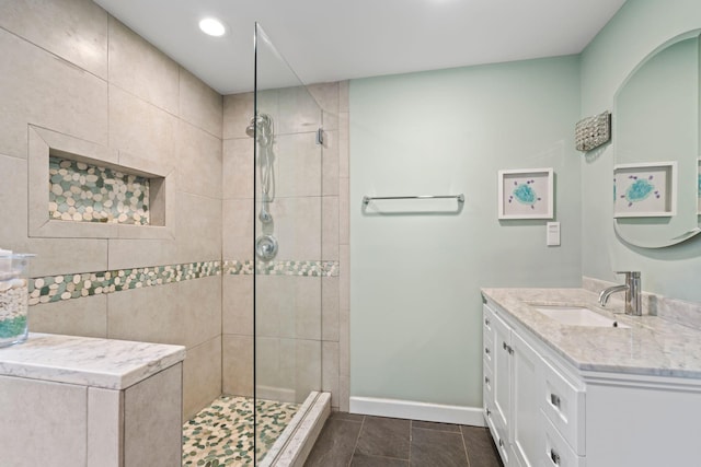 183 Iceland Dr, South Huntington, NY 11746 - full bath featuring tiled shower, vanity, baseboards, and recessed lighting