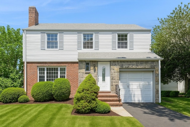 16249 13th Ave, Beechhurst, NY 11357 - view of front of home featuring a chimney, a garage, stone siding, driveway, and a shingled roof
