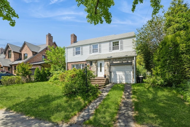 16249 13th Ave, Beechhurst, NY 11357 - view of front of house featuring driveway, a chimney, a front lawn, and a garage