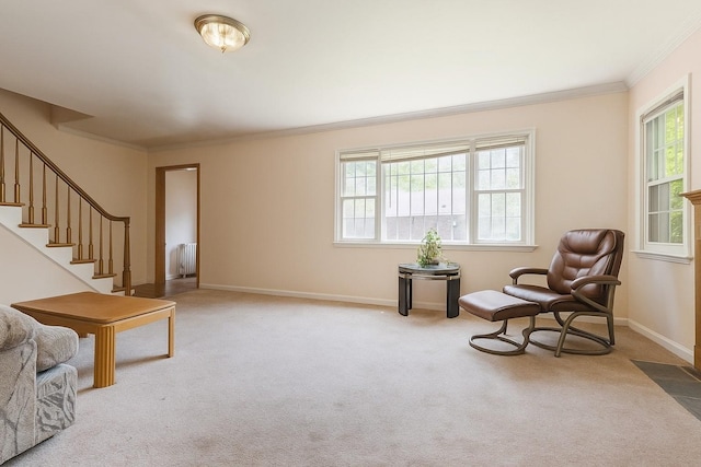 16249 13th Ave, Beechhurst, NY 11357 - living area with crown molding, healthy amount of natural light, carpet floors, stairway, and baseboards
