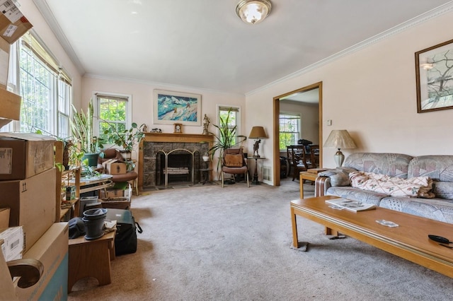 16249 13th Ave, Beechhurst, NY 11357 - carpeted living area with crown molding and a stone fireplace