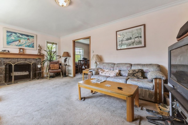 16249 13th Ave, Beechhurst, NY 11357 - carpeted living room with crown molding and a stone fireplace
