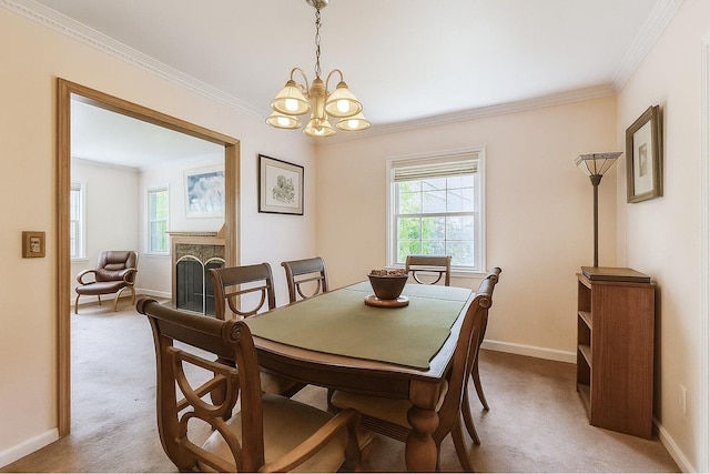16249 13th Ave, Beechhurst, NY 11357 - dining space with light colored carpet, baseboards, a chandelier, crown molding, and a fireplace