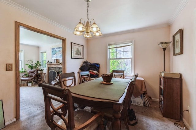 16249 13th Ave, Beechhurst, NY 11357 - dining room featuring carpet, ornamental molding, a chandelier, a fireplace, and baseboards