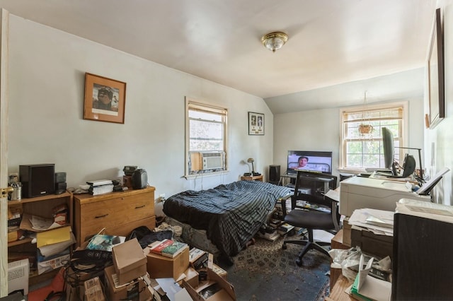 16249 13th Ave, Beechhurst, NY 11357 - bedroom featuring an office area, wood finished floors, cooling unit, and vaulted ceiling