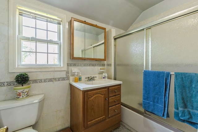 16249 13th Ave, Beechhurst, NY 11357 - full bath featuring toilet, lofted ceiling, vanity, and combined bath / shower with glass door