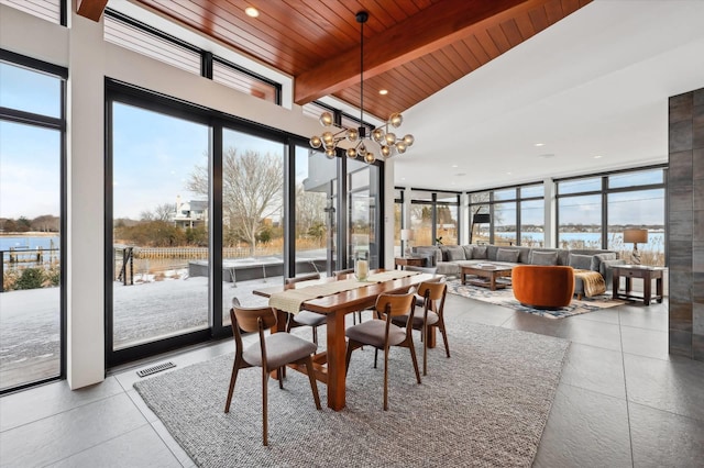 61 Harbor Dr, Sag Harbor, NY 11963 - dining room with plenty of natural light, a water view, a wood ceiling with exposed beams, a chandelier, and recessed lighting