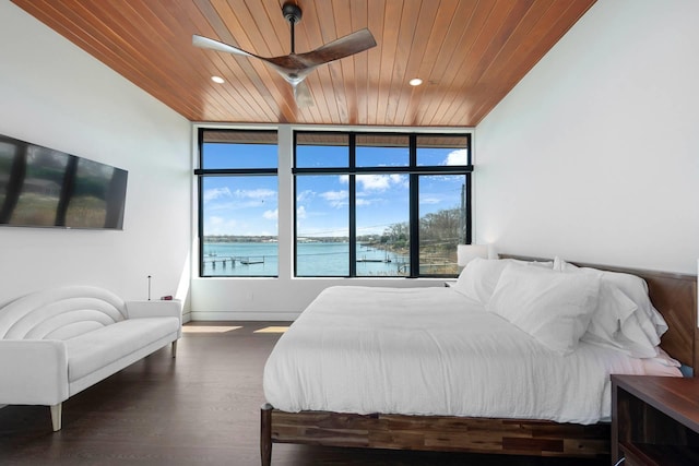 61 Harbor Dr, Sag Harbor, NY 11963 - bedroom featuring wooden ceiling, a water view, wood finished floors, recessed lighting, and a wall of windows