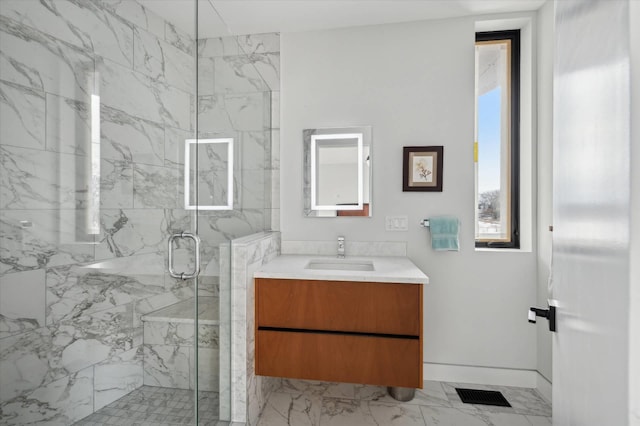 61 Harbor Dr, Sag Harbor, NY 11963 - full bathroom with vanity, a marble finish shower, and marble finish flooring