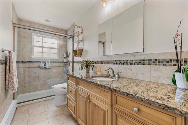 845 Atlantic St, Lindenhurst, NY 11757 - bathroom with vanity, a baseboard heating unit, toilet, a stall shower, and tile patterned flooring