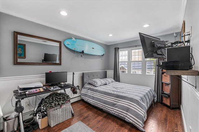 845 Atlantic St, Lindenhurst, NY 11757 - bedroom with ornamental molding, baseboard heating, wood finished floors, and recessed lighting