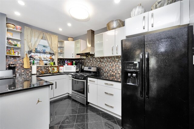 6018 Bleecker St, Ridgewood, NY 11385 - kitchen featuring black refrigerator with ice dispenser, wall chimney exhaust hood, gas range, open shelves, and white microwave