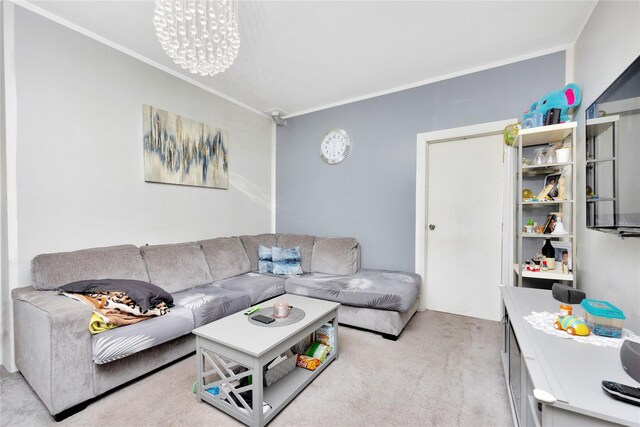 6018 Bleecker St, Ridgewood, NY 11385 - living room featuring carpet flooring, crown molding, and a chandelier