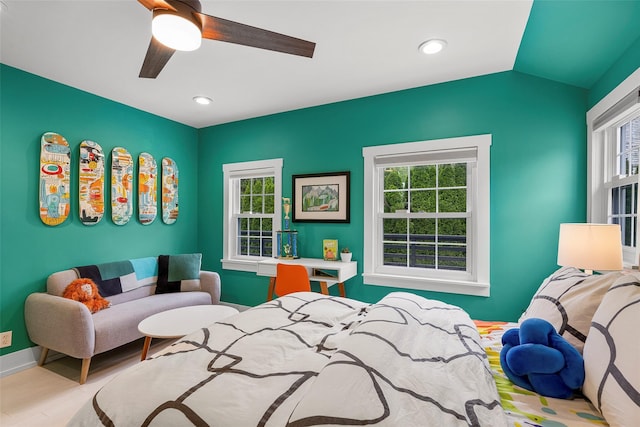 71 Baraud Rd S, Scarsdale, NY 10583 - bedroom featuring wood finished floors, ceiling fan, recessed lighting, and lofted ceiling