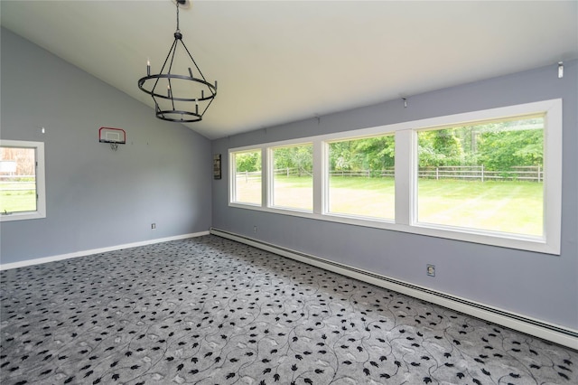2 Sheafe Cir, Rock Tavern, NY 12575 - unfurnished room featuring baseboard heating, vaulted ceiling, baseboards, and a chandelier