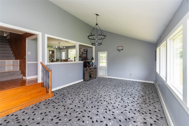 2 Sheafe Cir, Rock Tavern, NY 12575 - unfurnished dining area with a chandelier, baseboards, stairs, and high vaulted ceiling