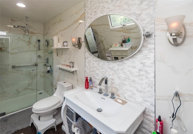 2 Sheafe Cir, Rock Tavern, NY 12575 - full bathroom featuring a marble finish shower, toilet, decorative backsplash, tile walls, and a sink