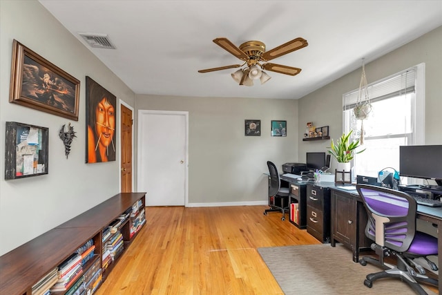 8 Trumpet Ln, Levittown, NY 11756 - office area featuring ceiling fan, light wood-style floors, and baseboards