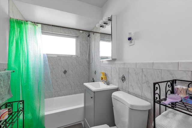 8 Trumpet Ln, Levittown, NY 11756 - full bath with shower / bath combination with curtain, toilet, tile walls, and vanity