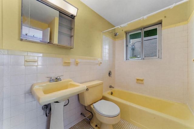 102 Maple St, Croton-On-Hudson, NY 10520 - full bathroom with tile walls, tile patterned flooring, shower / tub combination, and a wainscoted wall