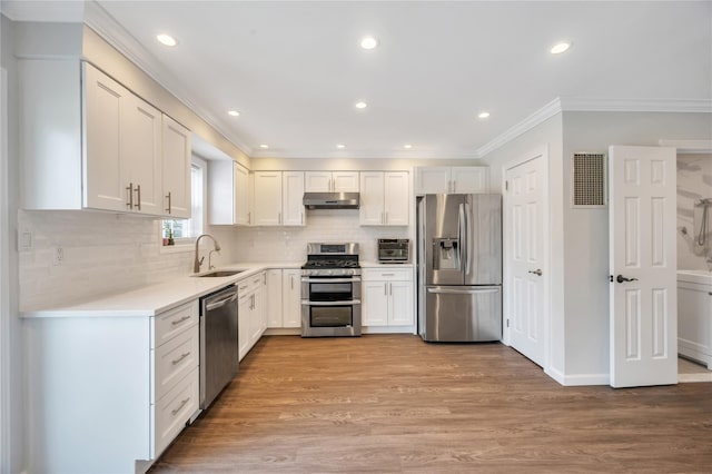 239-53 66th Ave, Little Neck, NY 11362 - kitchen featuring appliances with stainless steel finishes, a sink, crown molding, under cabinet range hood, and light countertops