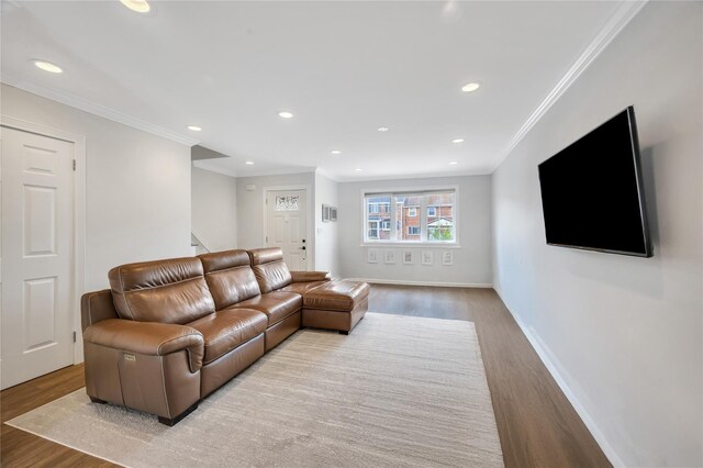 239-53 66th Ave, Little Neck, NY 11362 - living room with wood finished floors, ornamental molding, stairs, recessed lighting, and baseboards