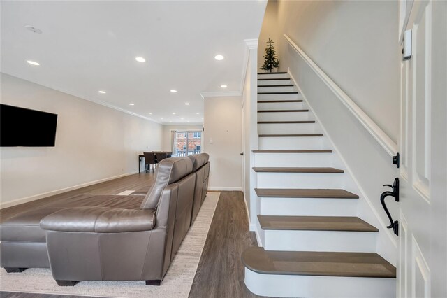 239-53 66th Ave, Little Neck, NY 11362 - stairway with crown molding, wood finished floors, recessed lighting, and baseboards