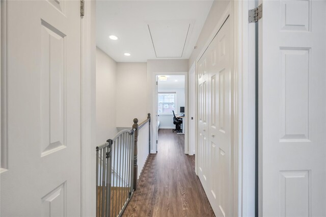 239-53 66th Ave, Little Neck, NY 11362 - corridor featuring attic access, dark wood finished floors, baseboards, recessed lighting, and an upstairs landing