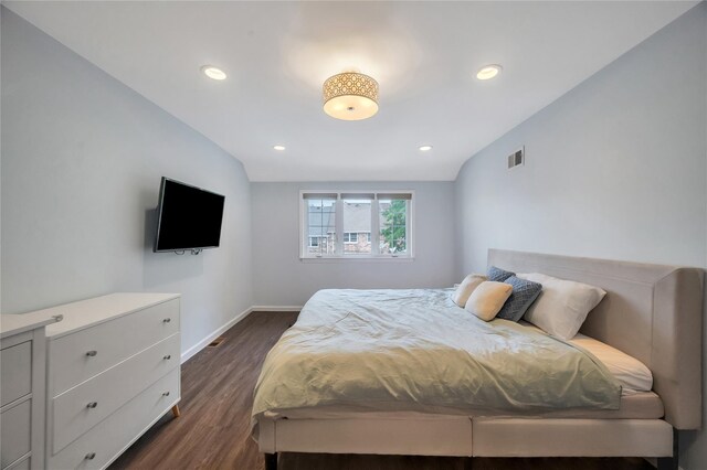 239-53 66th Ave, Little Neck, NY 11362 - bedroom with dark wood-style flooring, baseboards, lofted ceiling, and recessed lighting