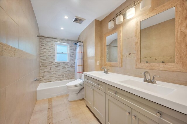 239-53 66th Ave, Little Neck, NY 11362 - bathroom featuring tile walls, toilet, shower / tub combo with curtain, tile patterned flooring, and double vanity