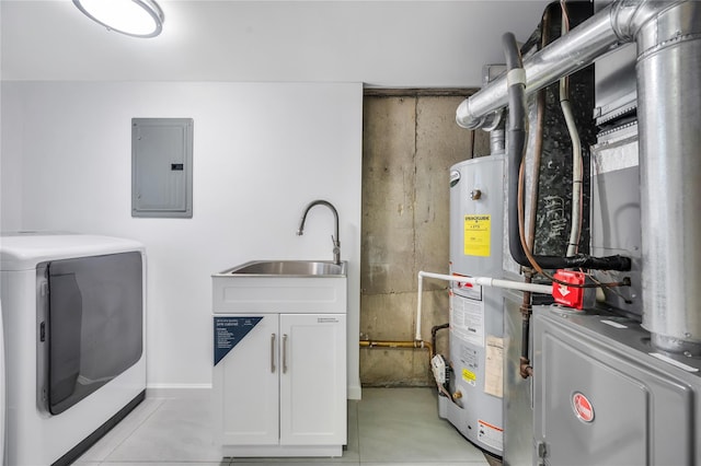 239-53 66th Ave, Little Neck, NY 11362 - utility room featuring washing machine and dryer, electric panel, a sink, water heater, and heating unit