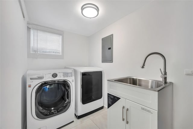 239-53 66th Ave, Little Neck, NY 11362 - laundry area featuring separate washer and dryer, electric panel, cabinet space, and light tile patterned flooring