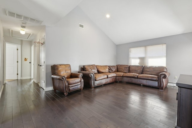 403 Haverstraw Rd, Suffern, NY 10901 - living area featuring dark wood-style flooring, lofted ceiling, a baseboard heating unit, and recessed lighting