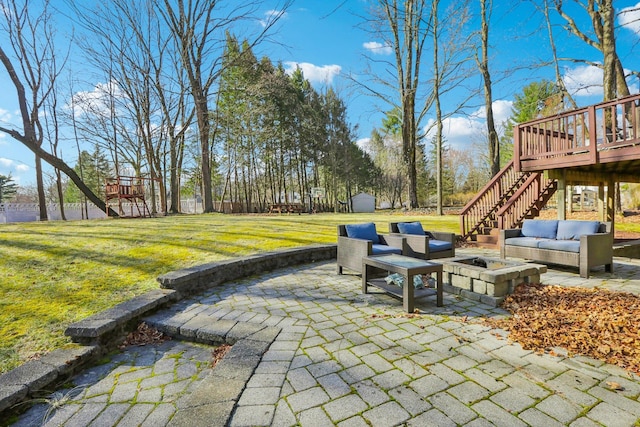 403 Haverstraw Rd, Suffern, NY 10901 - view of patio featuring stairs, a deck, and an outdoor living space with a fire pit