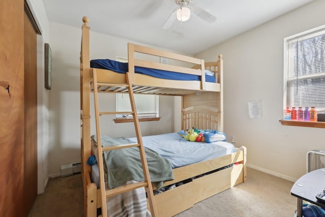 403 Haverstraw Rd, Suffern, NY 10901 - bedroom featuring a baseboard radiator, carpet flooring, baseboards, and a ceiling fan