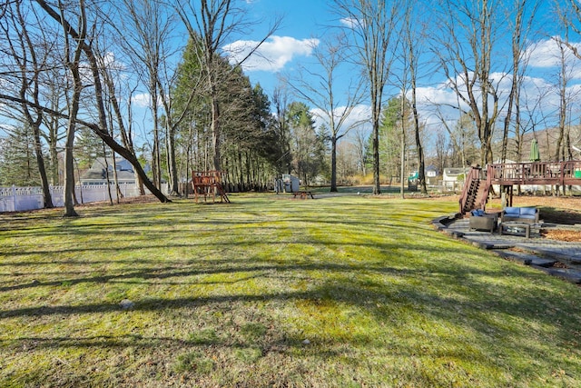 403 Haverstraw Rd, Suffern, NY 10901 - view of grassy yard featuring a playground, a deck, and stairs