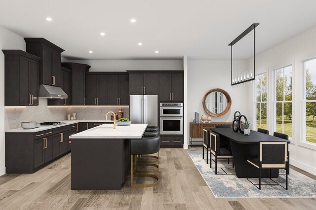 18 Marker Rdg Unit 9, Irvington, NY 10533 - kitchen featuring under cabinet range hood, appliances with stainless steel finishes, light countertops, decorative backsplash, and an island with sink