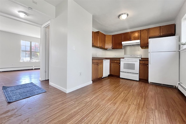 4 Red Barn Ln, Middletown, NY 10940 - kitchen featuring white appliances, under cabinet range hood, a baseboard radiator, light wood-type flooring, and baseboards