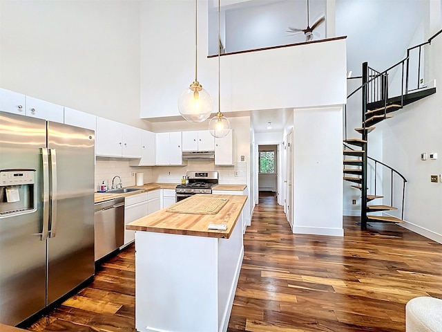 24 Lakeview Ter, Monticello, NY 12701 - kitchen featuring appliances with stainless steel finishes, butcher block counters, a high ceiling, dark wood-type flooring, and ceiling fan