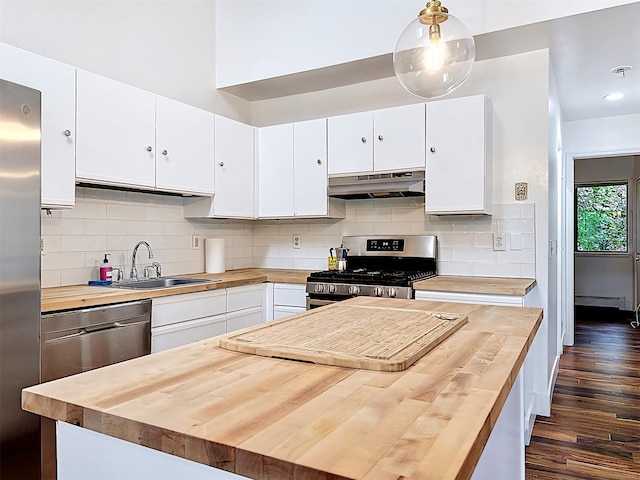 24 Lakeview Ter, Monticello, NY 12701 - kitchen featuring wood counters, under cabinet range hood, appliances with stainless steel finishes, dark wood-style floors, and white cabinetry