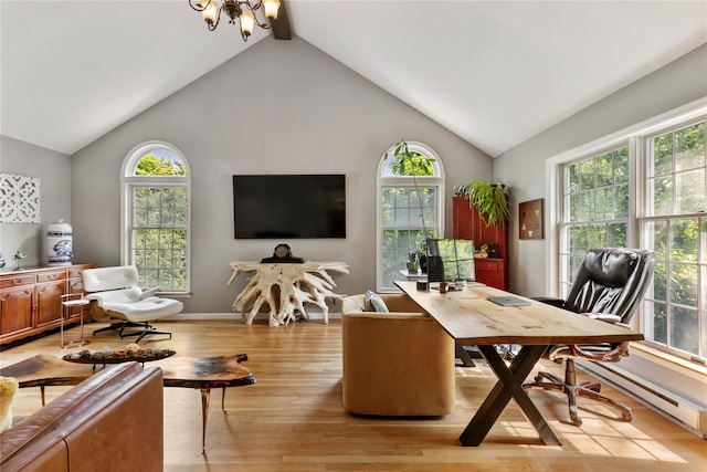 41 Indian Hill Rd, Brewster, NY 10509 - office area with light wood-style floors, high vaulted ceiling, a chandelier, and baseboard heating