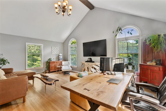 41 Indian Hill Rd, Brewster, NY 10509 - living area featuring high vaulted ceiling, light wood-style flooring, beam ceiling, a chandelier, and an office area