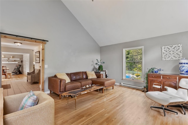 41 Indian Hill Rd, Brewster, NY 10509 - living room with baseboard heating, high vaulted ceiling, and light wood-type flooring