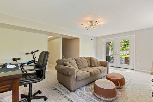 41 Indian Hill Rd, Brewster, NY 10509 - living room with carpet, a desk, french doors, and a chandelier