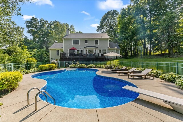 41 Indian Hill Rd, Brewster, NY 10509 - view of pool with a patio area, a fenced backyard, and a diving board