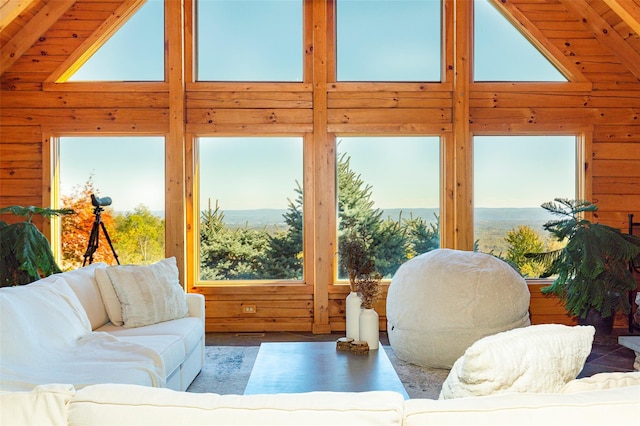 53 Vista Ln, Port Jervis, NY 12771 - sunroom / solarium featuring wooden walls, high vaulted ceiling, and beamed ceiling