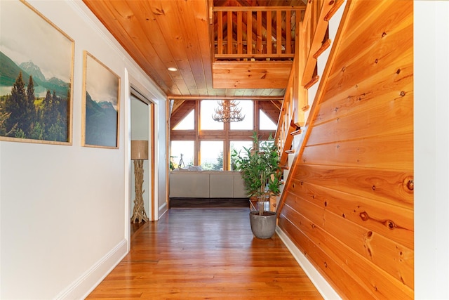53 Vista Ln, Port Jervis, NY 12771 - hall featuring wooden ceiling, light wood finished floors, a chandelier, and baseboards