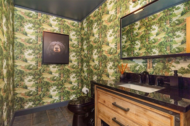 53 Vista Ln, Port Jervis, NY 12771 - bathroom with wallpapered walls, toilet, vanity, and baseboards