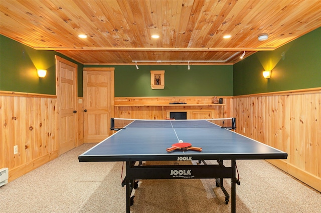 53 Vista Ln, Port Jervis, NY 12771 - recreation room featuring wooden ceiling, wooden walls, wainscoting, carpet, and recessed lighting
